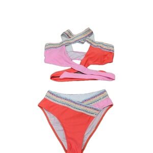Popvil‎ L Colorblock Bikini Set Pink Coral Rainbow Trim Criss Cross Top Swimwear